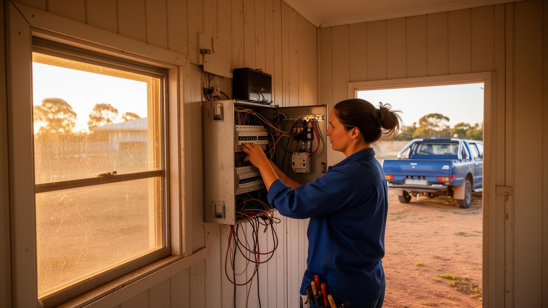 Danica from Kunwarara Electrical working on a switchboard in a Central Queensland home